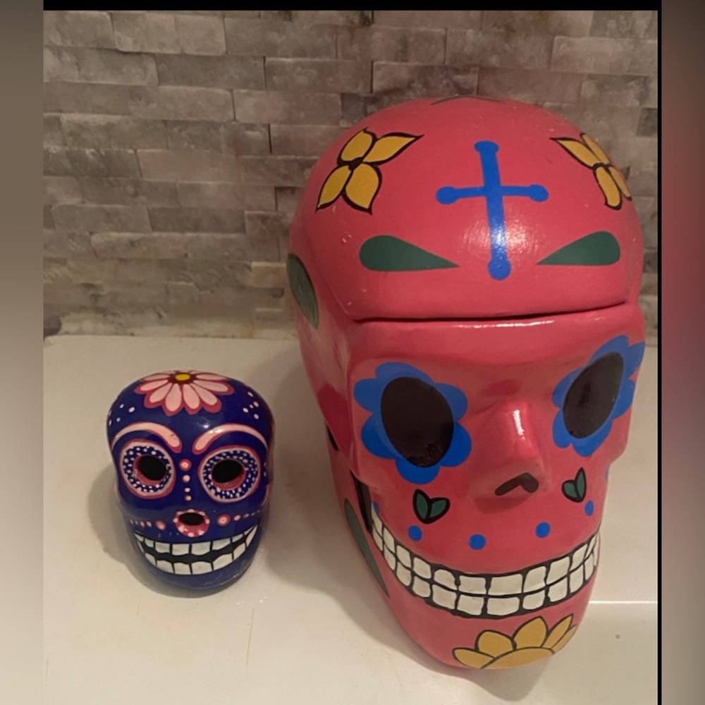 Mexican pink   Green Day of the Dead SUGAR Skull /Trinket Box and mini skull